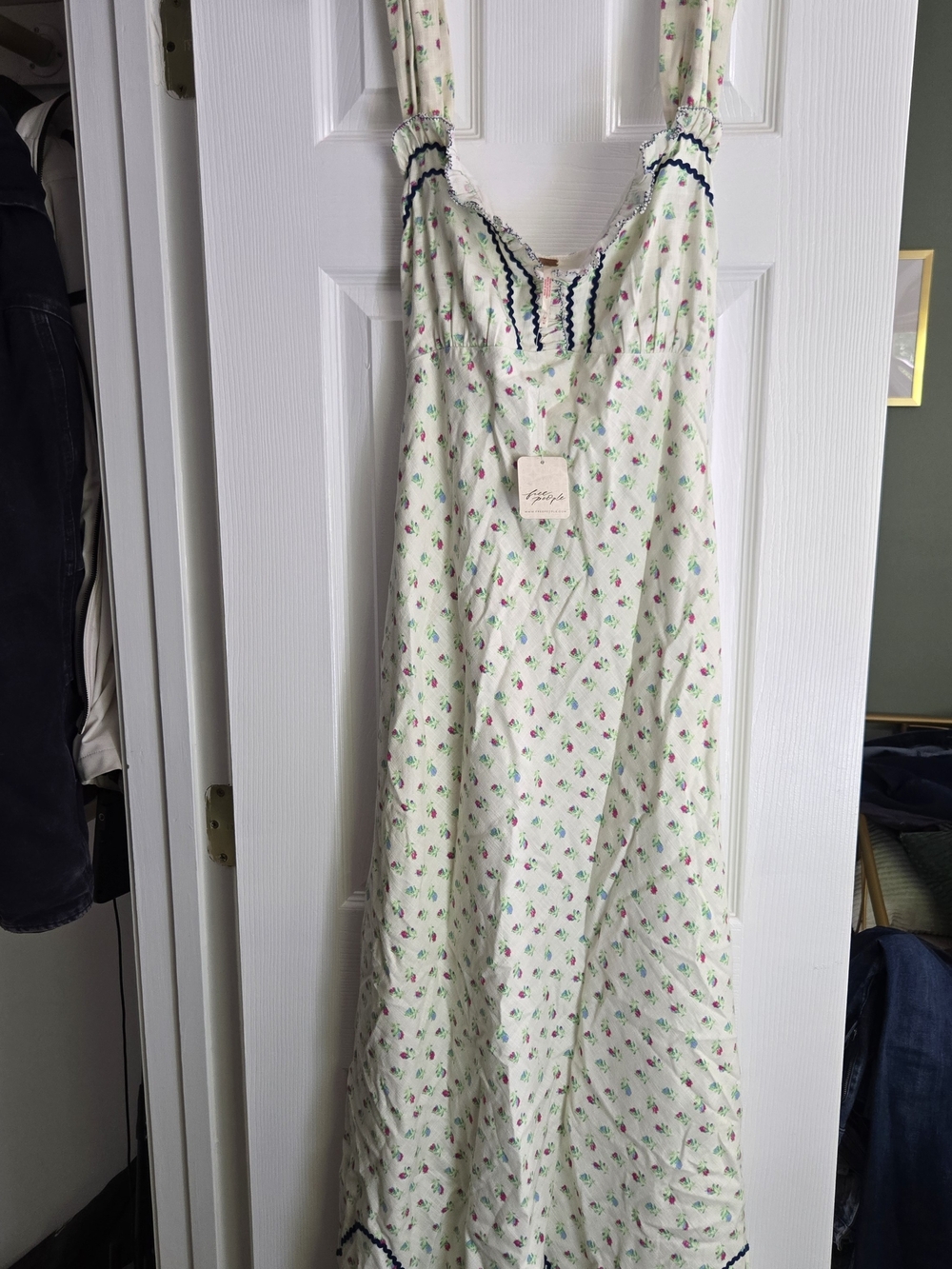 Cream Floral Maxi Dress with Navy Trim